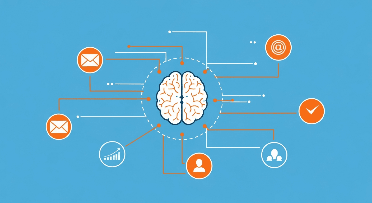 Flat modern illustration of a brain made of circuit patterns connected to marketing icons like email envelopes, social media logos, and analytics graphs