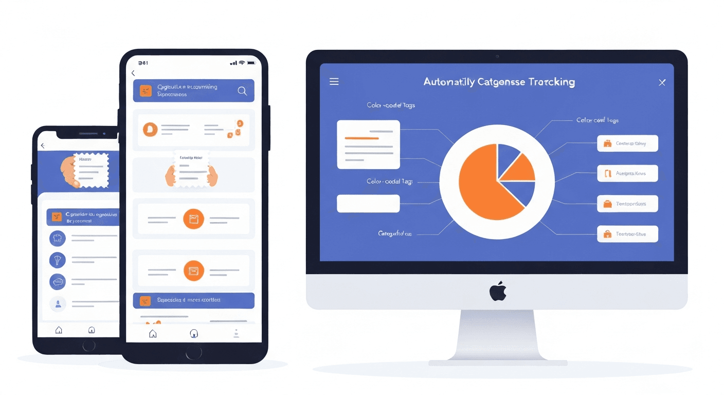Mobile phone showing automated expense tracking app with categorized transactions and receipt scanning