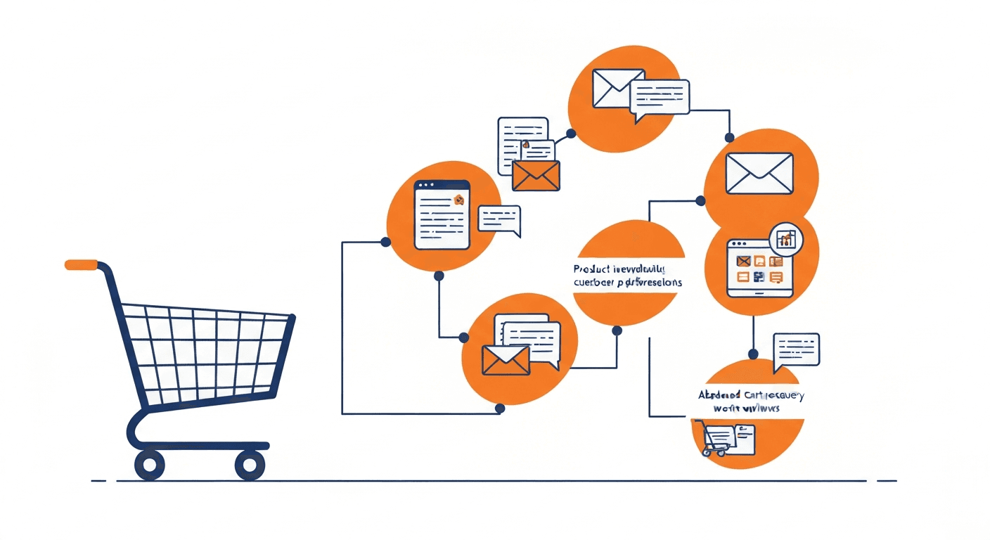 Flat modern illustration of an online shopping cart connected to automated email sequences and product recommendation engines with conversion icons