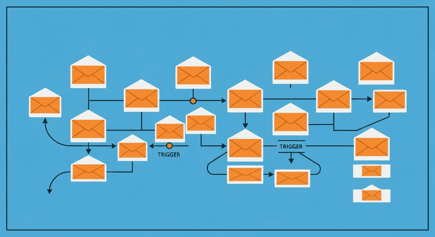 Flat modern illustration of a sequence of email envelopes flowing along a timeline with conversion funnel icons and engagement metrics