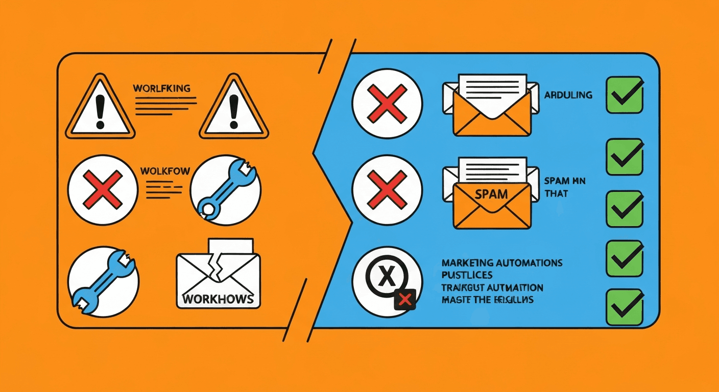 Flat modern illustration of a warning triangle next to a tangled automation workflow with highlighted error points and correction arrows