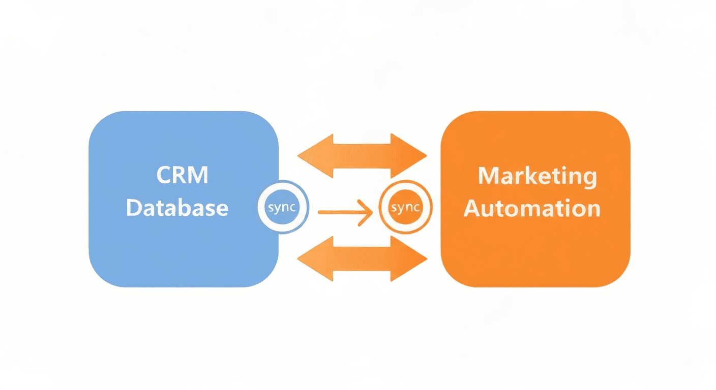 Diagram showing CRM and marketing automation platforms connected with bidirectional data flow arrows